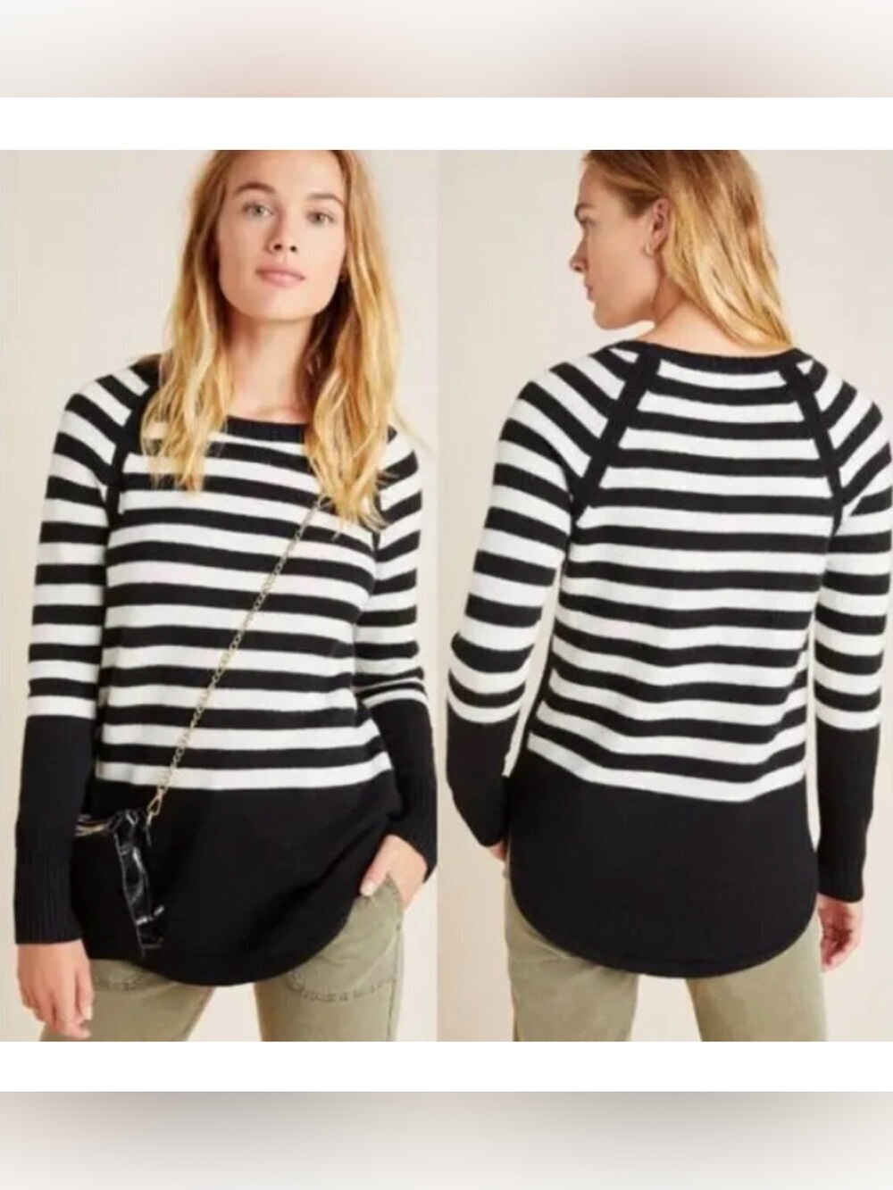 ANTHROPOLOGIE Rebekah Sweater Black White Stripe Tunic Pullover Knitwear Small